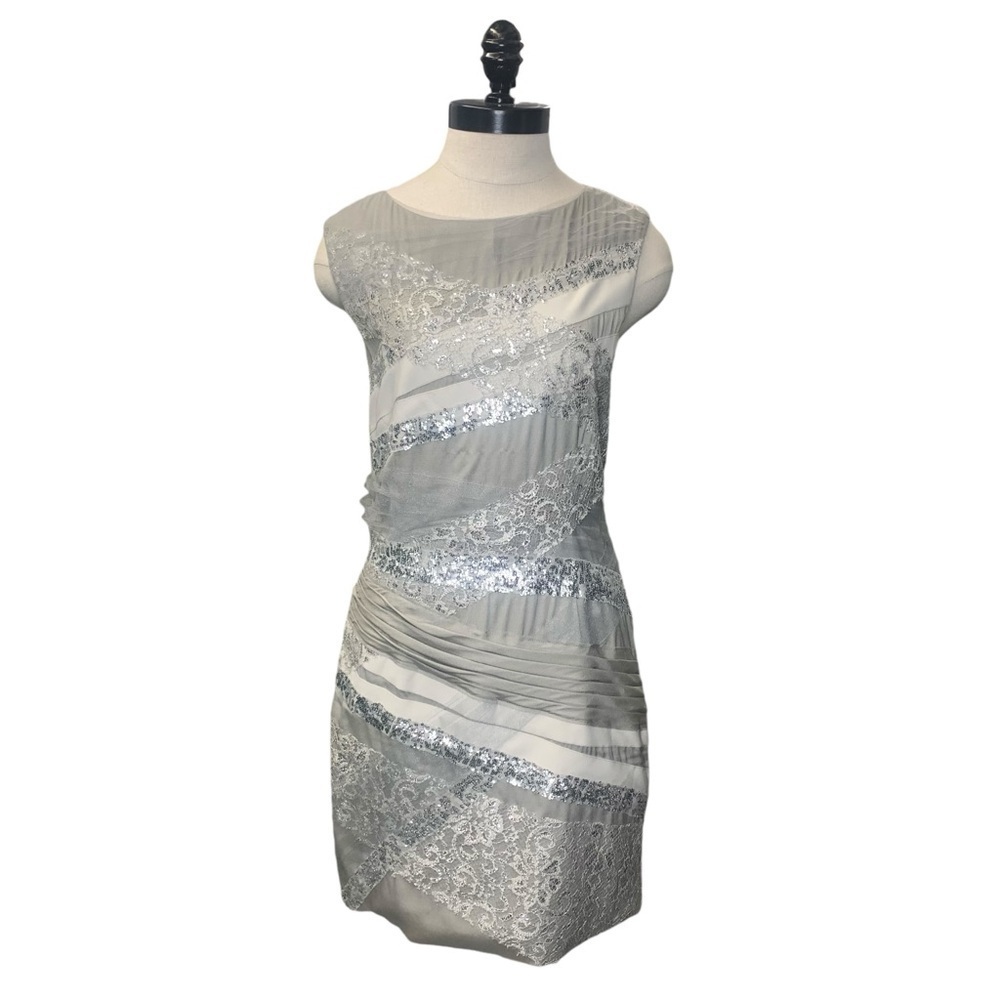 ALICE + OLIVIA Sleeveless Silver Champagne Sequin Mesh Cocktail‎ Dress - Size 6